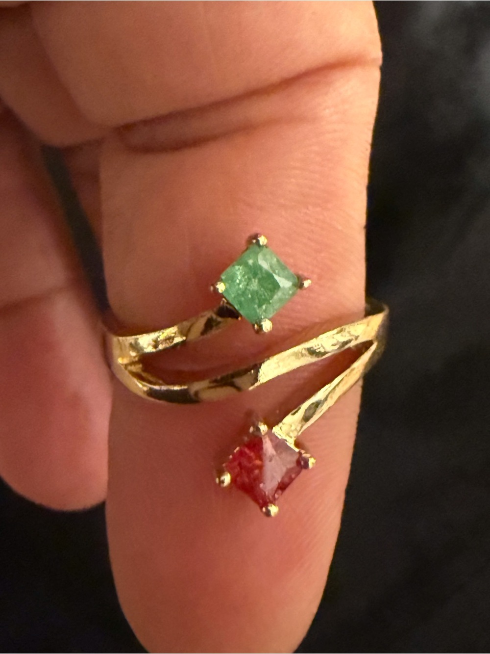Gold Tone Ring with Green and Red Square Stones - Women Jewelry